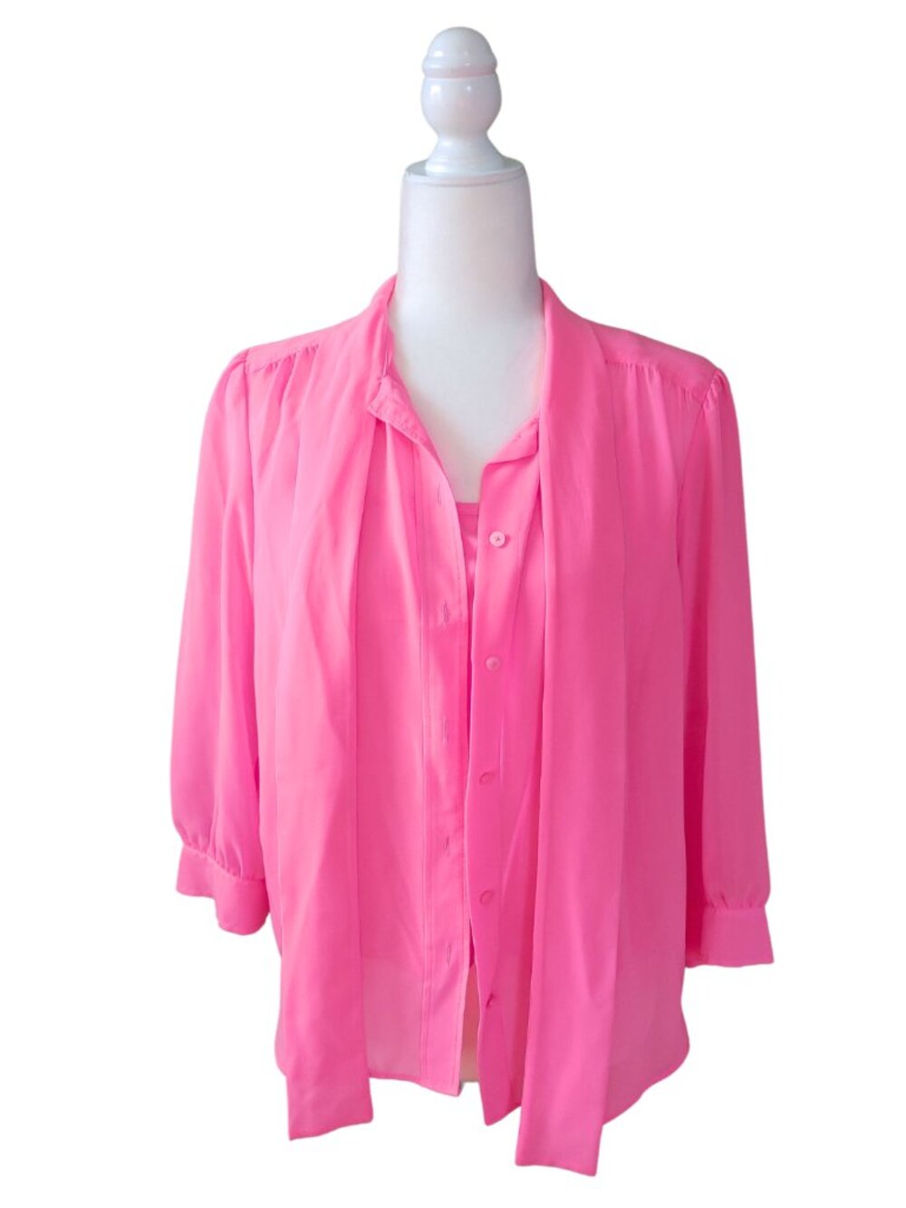 LIZ CLAIBORNE 2 Piece Matching Set Neon Pink Tie Front Blouse Camisole-Size 10P - Picture 4 of 4